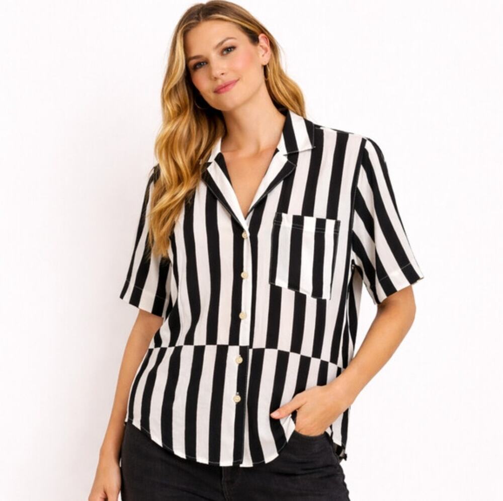AYR The Pool Boy Black White Striped Silk Blend Top Small